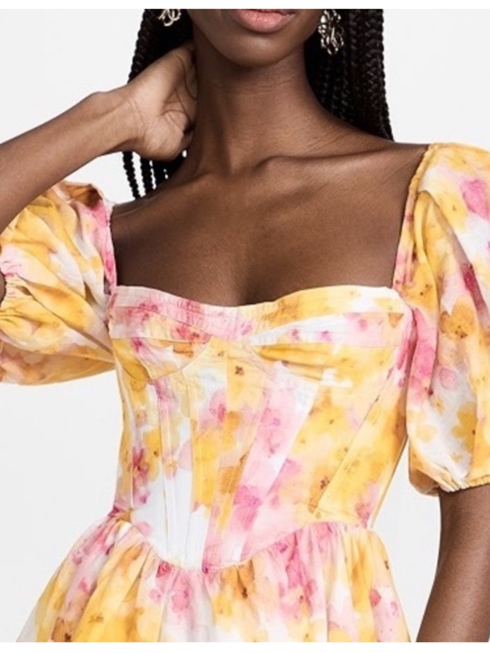 New BARDOT Kiah Floral Print Boned Corset Puff Sleeve Minidress In Pink Yellow L - Picture 4 of 16